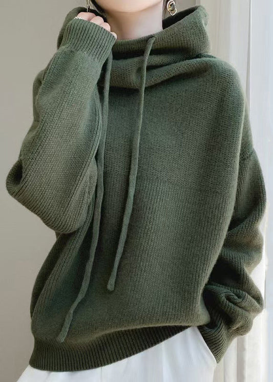 Wool Sweaters Up Spring Hooded Green Loose Knit Lace