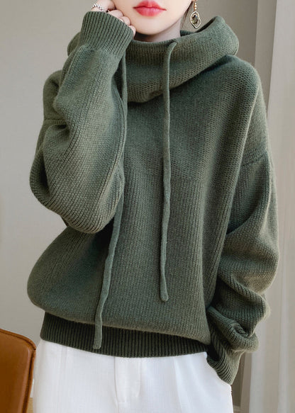 Wool Sweaters Up Spring Hooded Green Loose Knit Lace