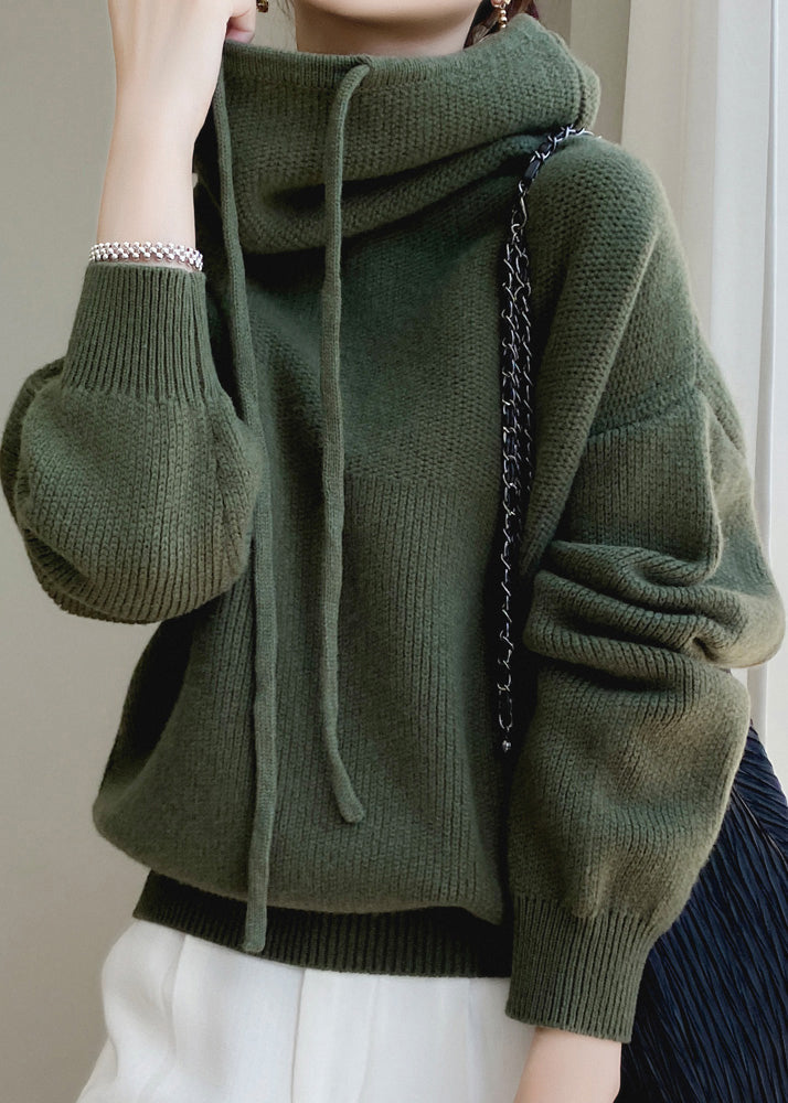 Wool Sweaters Up Spring Hooded Green Loose Knit Lace