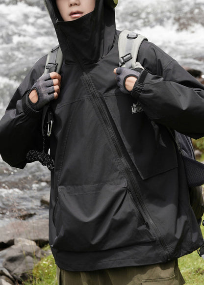 Pockets Hooded Loose Cotton Green Men Spring Zippered Coat