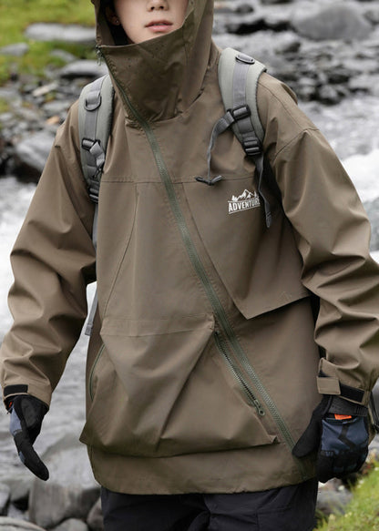 Pockets Hooded Loose Cotton Green Men Spring Zippered Coat