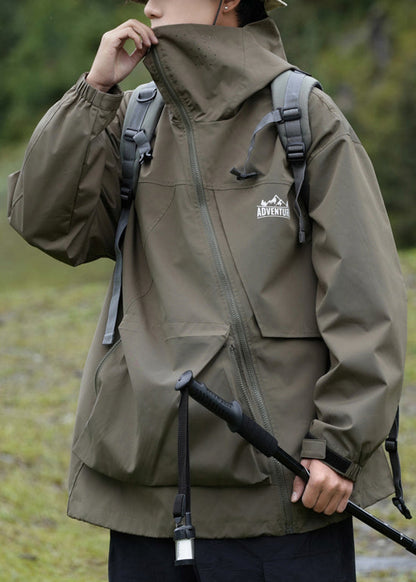 Pockets Hooded Loose Cotton Green Men Spring Zippered Coat