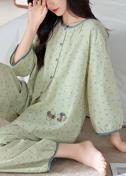 Pieces Cotton Pajamas Print Green Elastic Loose O Two Waist Neck