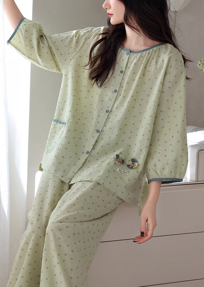 Pieces Cotton Pajamas Print Green Elastic Loose O Two Waist Neck