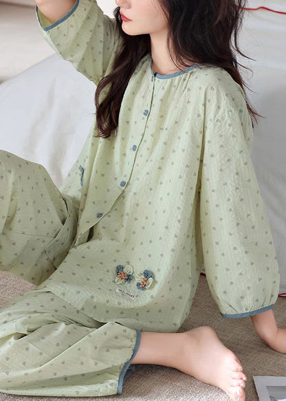 Pieces Cotton Pajamas Print Green Elastic Loose O Two Waist Neck