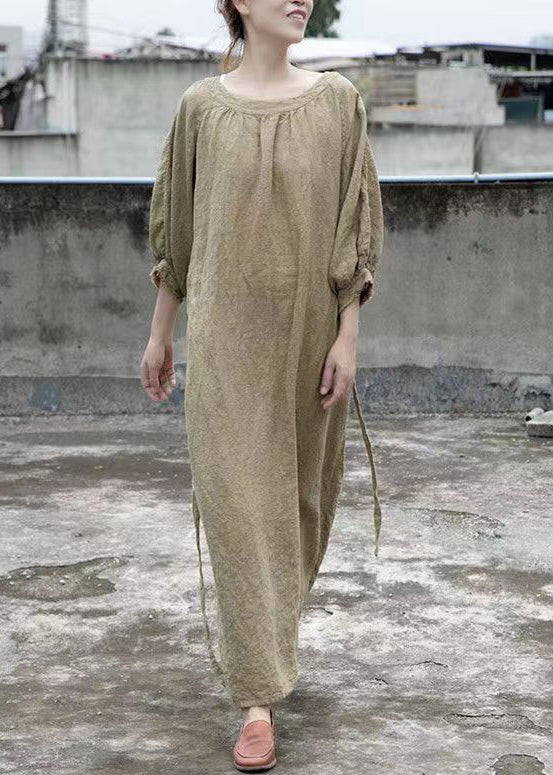 Loose Green O Neck Tie Waist Linen Dress Half Sleeve MN092