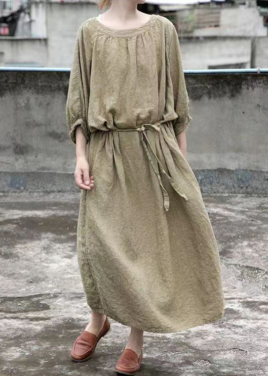 Loose Green O Neck Tie Waist Linen Dress Half Sleeve MN092