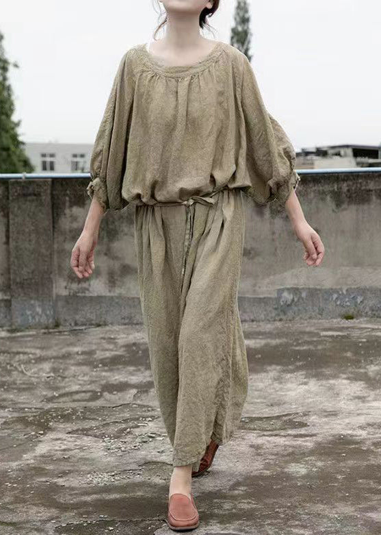 Loose Green O Neck Tie Waist Linen Dress Half Sleeve MN092
