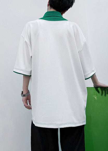 Patchwork Shirts Mens Original Polo Design Green Loose Cotton