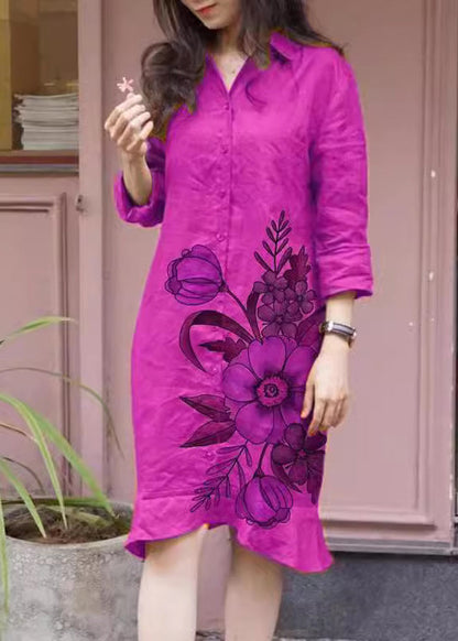 Collar Print Long Dress Button Green Loose Pan Shirts Fall Peter