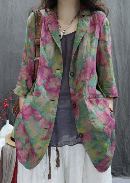 Loose Cotton Pan Coats Green Collar Print Spring Peter