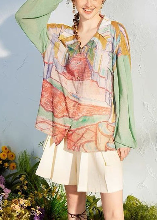 Loose Green Print Patchwork Chiffon Shirt Long Sleeve KK007