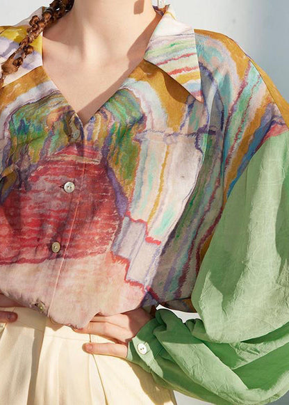 Loose Green Print Patchwork Chiffon Shirt Long Sleeve KK007