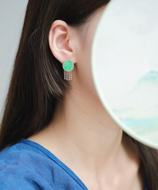 Loose Green Sterling Silver Overgild Jade Tassel Stud Earrings QU042