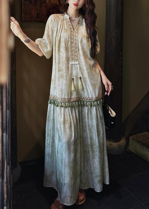 Dresses Tasseled Long Butterfly Sleeve Silk Green Loose