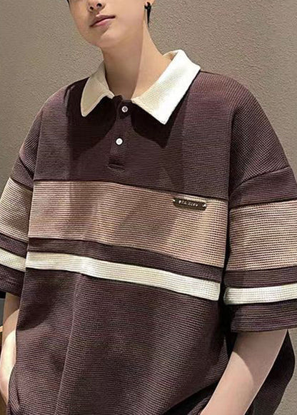 Polo Button Summer Cotton Shirts Loose Mens Grey Patchwork