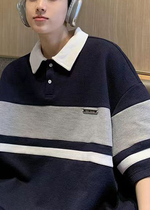 Polo Button Summer Cotton Shirts Loose Mens Grey Patchwork