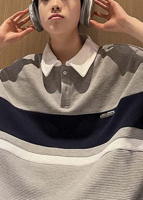 Polo Button Summer Cotton Shirts Loose Mens Grey Patchwork