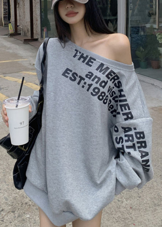 Loose Cold Cotton Sweatshirt Spring Grey Letter Shoulder Print