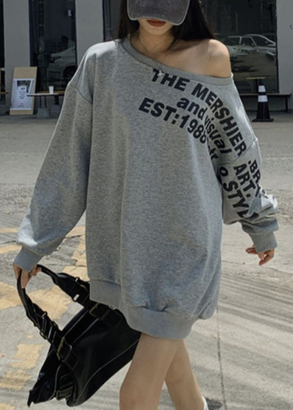 Grey Spring Print Shoulder Cotton Cold Sweatshirt Letter Loose