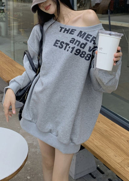 Loose Cold Cotton Sweatshirt Spring Grey Letter Shoulder Print