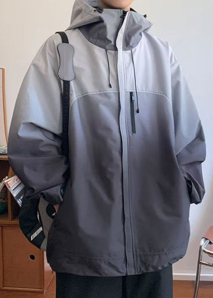 Gradient Coats Zippered Cotton Color Loose Hooded Grey Mens
