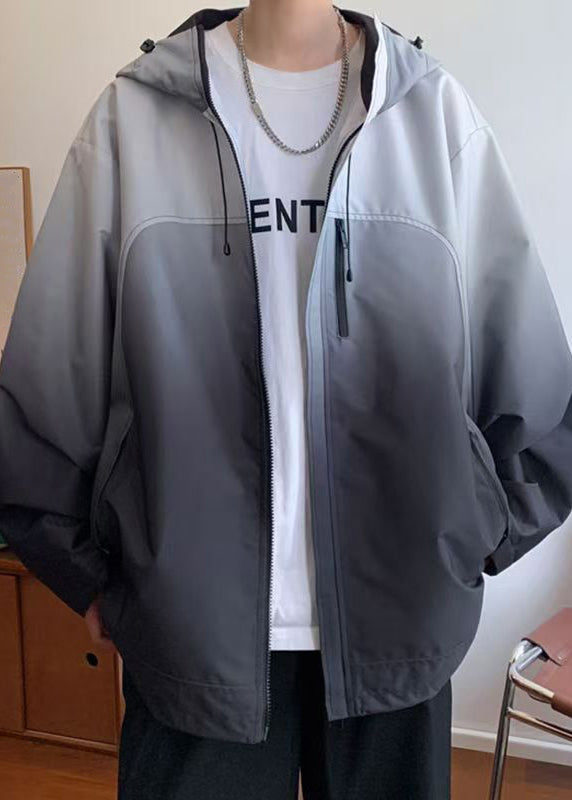 Gradient Coats Zippered Cotton Color Loose Hooded Grey Mens
