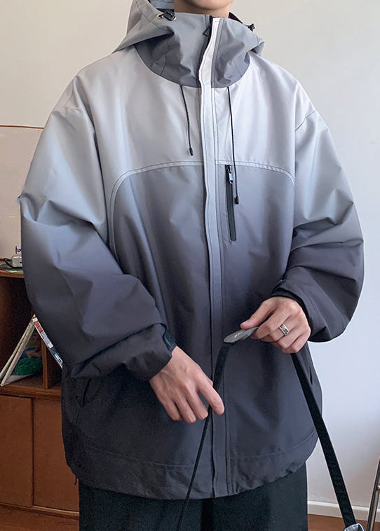 Gradient Coats Zippered Cotton Color Loose Hooded Grey Mens
