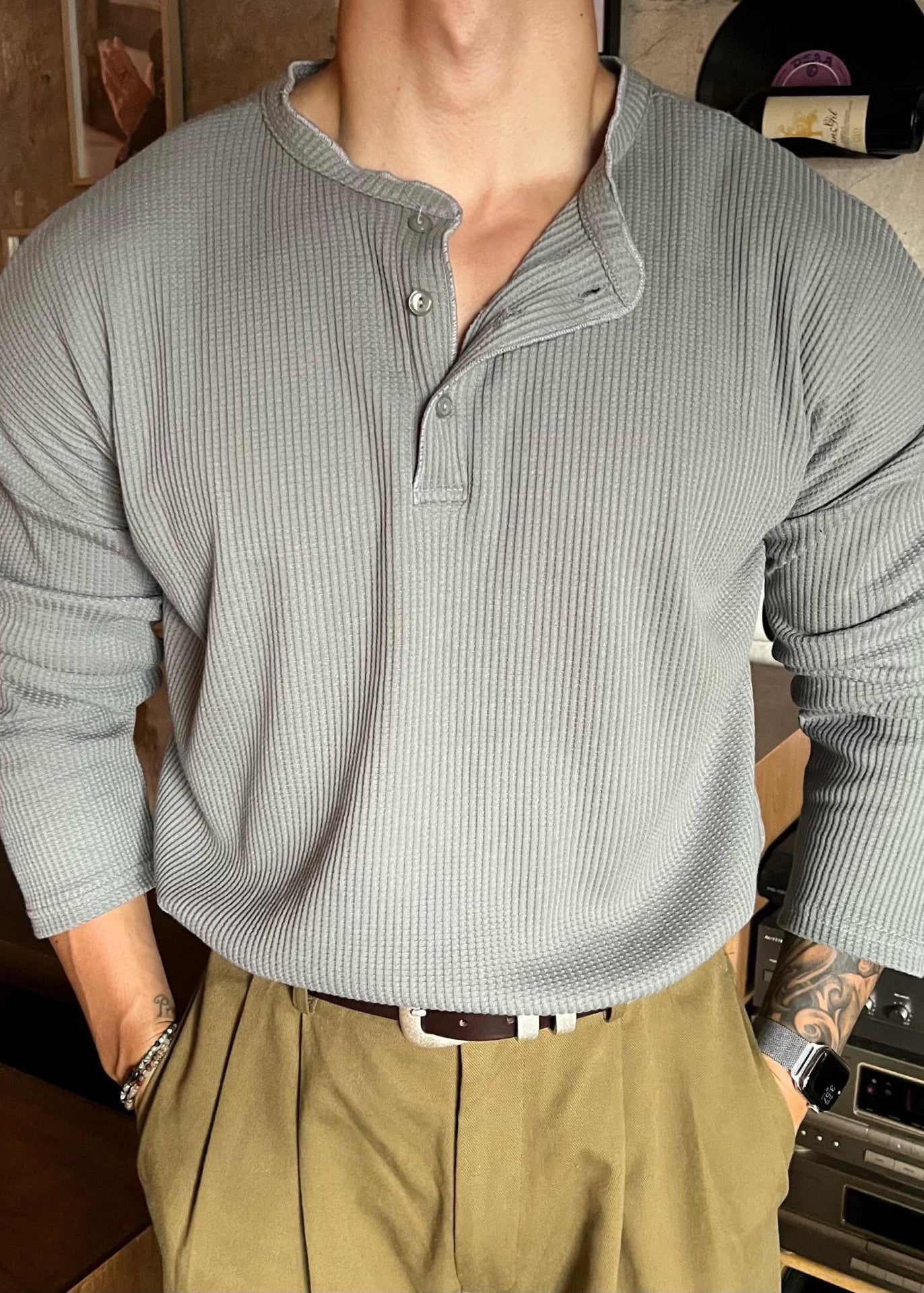 Solid Spring Men T Button Shirts Neck Grey Loose Cotton O