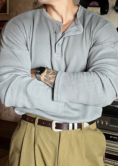 Solid Spring Men T Button Shirts Neck Grey Loose Cotton O