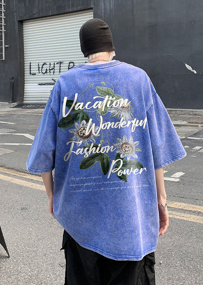 Neck Grey T Loose Print Cotton Summer O Men Shirt