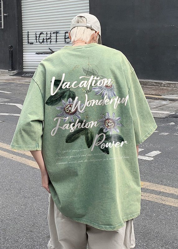 Neck Grey T Loose Print Cotton Summer O Men Shirt