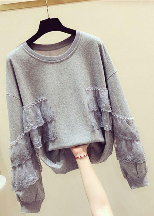 Loose Grey Pearl Lace Patchwork Cotton Streetwear Spring TD031