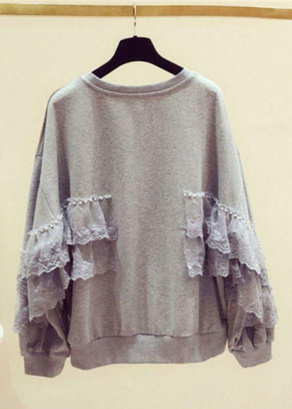 Loose Grey Pearl Lace Patchwork Cotton Streetwear Spring TD031