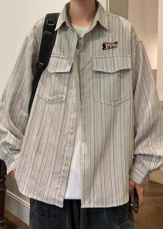 Men Loose Spring Pockets Grey Shirt Button Striped Cotton