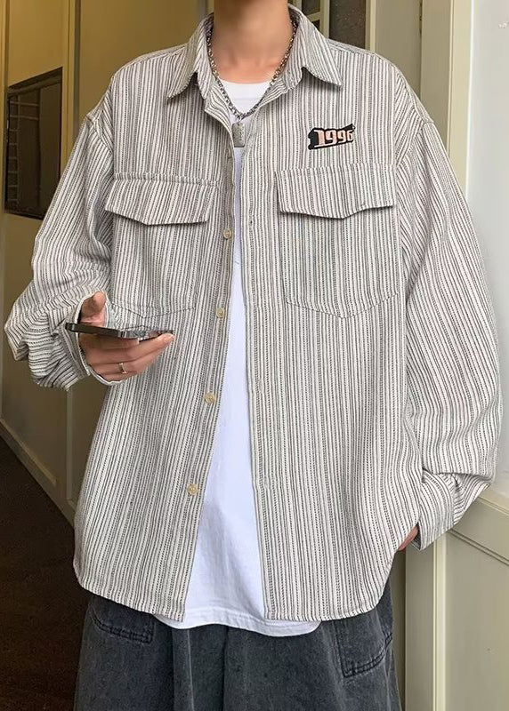 Striped Cotton Loose Grey Shirts Men Pockets Spring