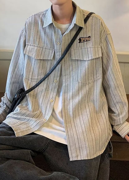 Striped Cotton Loose Grey Shirts Men Pockets Spring