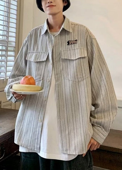 Striped Cotton Loose Grey Shirts Men Pockets Spring