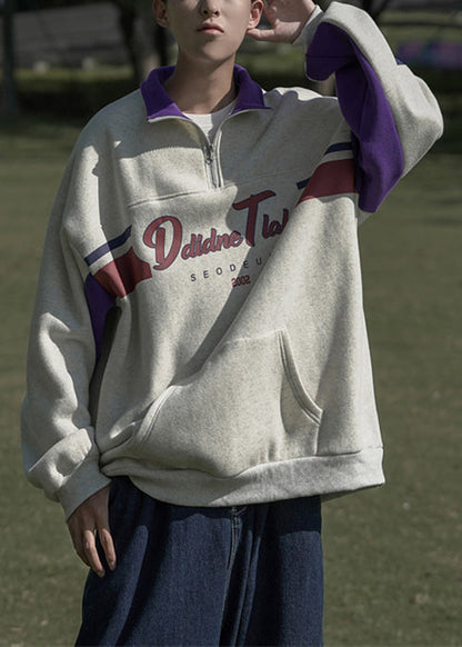 Men Cotton Sweatshirt Spring Grey Print Pockets Zippered Loose