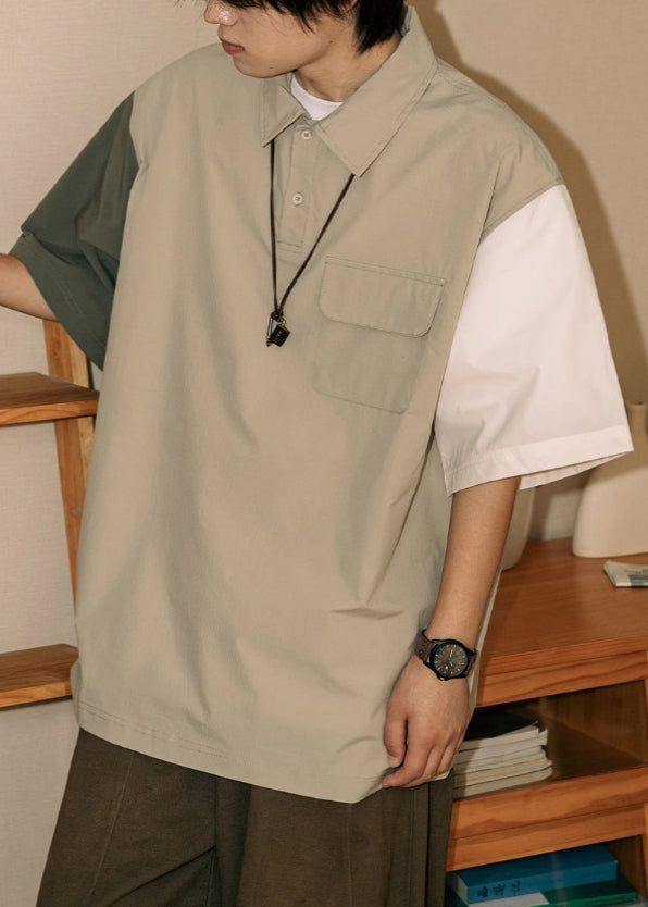Loose Button Polo Asymmetrical Mens Cotton Patchwork Shirts Khaki