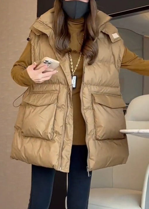 Loose Khaki Drawstring Pockets Cotton Filled Waistcoat Sleeveless YW014