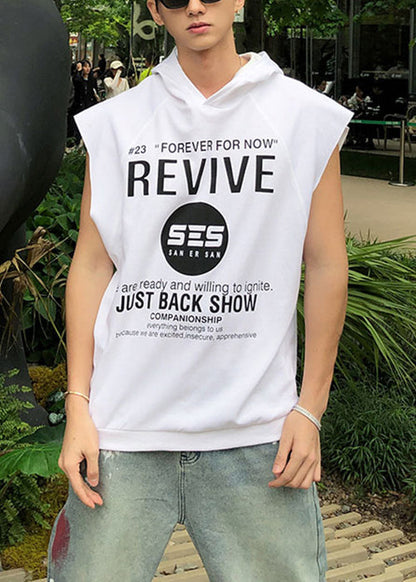 Sleeveless Loose Khaki Mens Letter Cotton Hooded Tanks