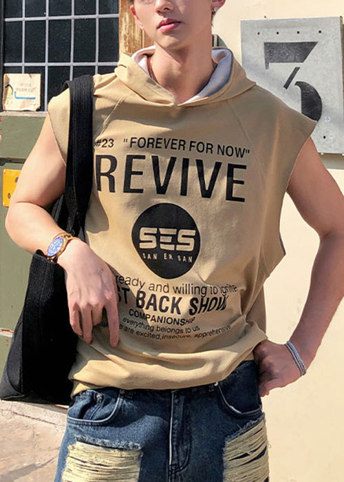 Sleeveless Loose Khaki Mens Letter Cotton Hooded Tanks
