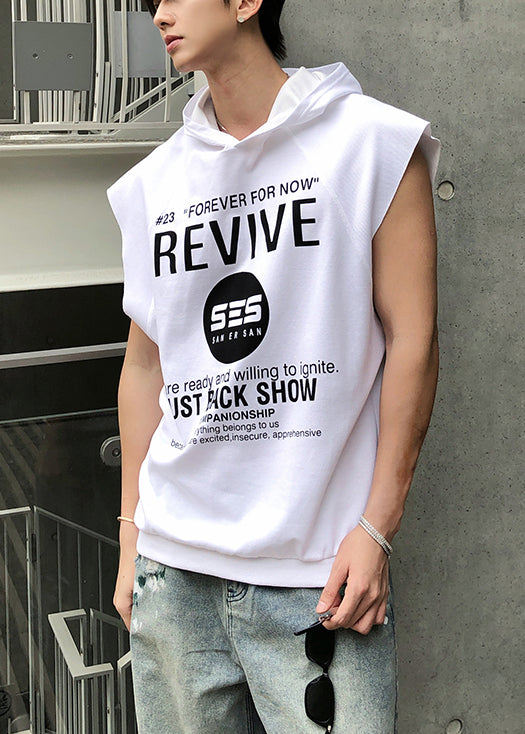 Sleeveless Loose Khaki Mens Letter Cotton Hooded Tanks