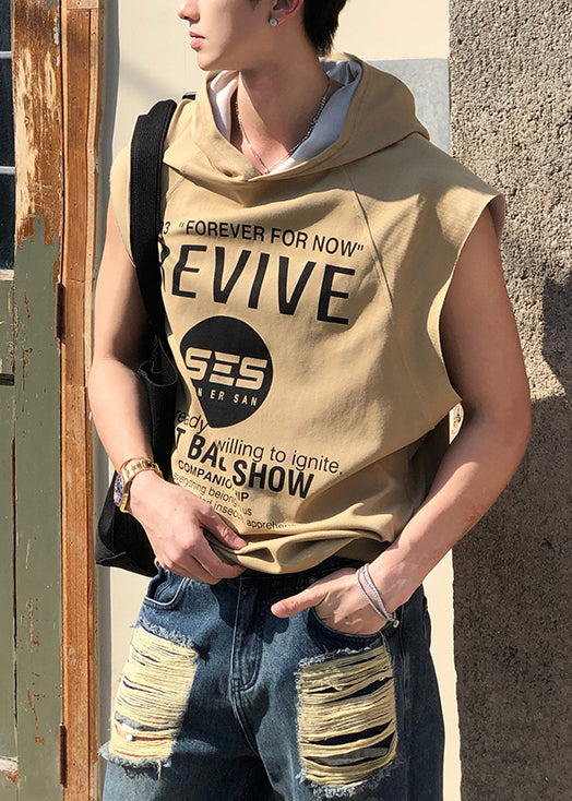 Sleeveless Loose Khaki Mens Letter Cotton Hooded Tanks