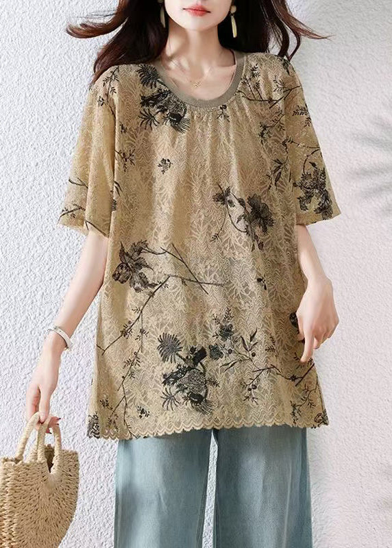 Print Neck Khaki Loose Summer O T Lace Shirt