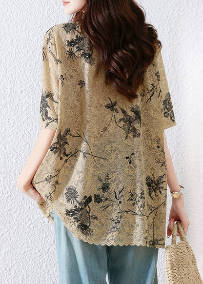 Print Neck Khaki Loose Summer O T Lace Shirt