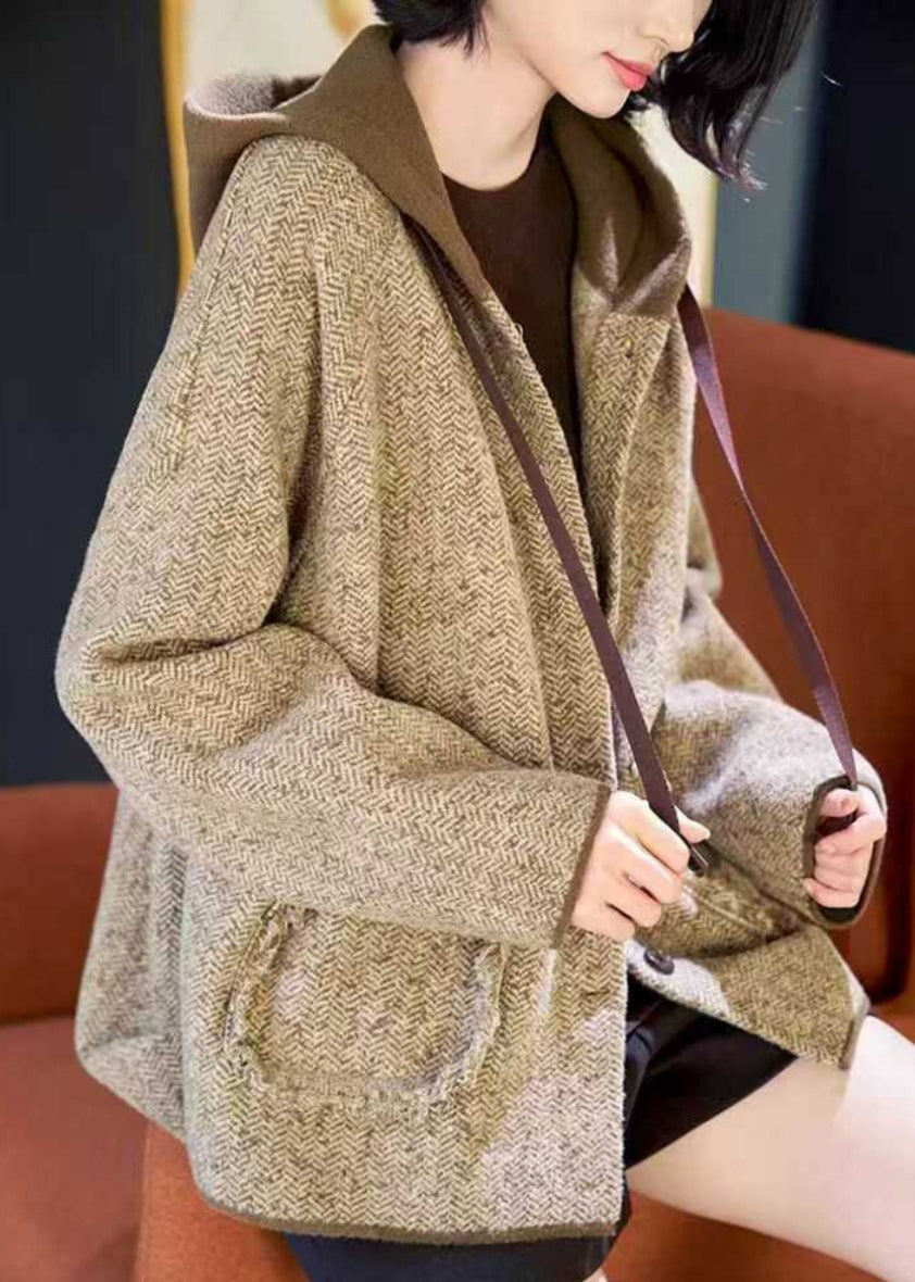 Woolen Patchwork Pockets Hooded Coats Spring Button Loose Khaki