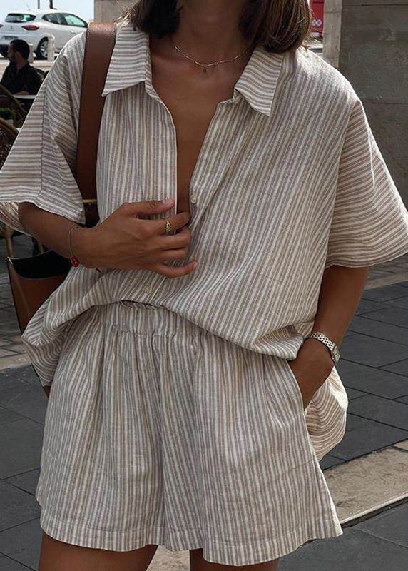 Pieces Khaki Pan Two Striped Loose Shirts And Shorts Collar Peter