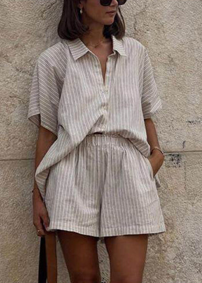 Pieces Khaki Pan Two Striped Loose Shirts And Shorts Collar Peter